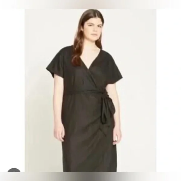 NWT Universal Standard Tulip Hem Linen Blend Black Wrap Dress Size 18-20 - Picture 1 of 13